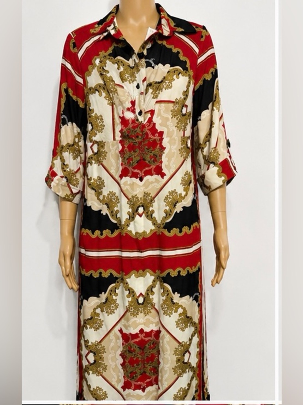 Button-Front Red, Black & Cream Printed Tunic Dress